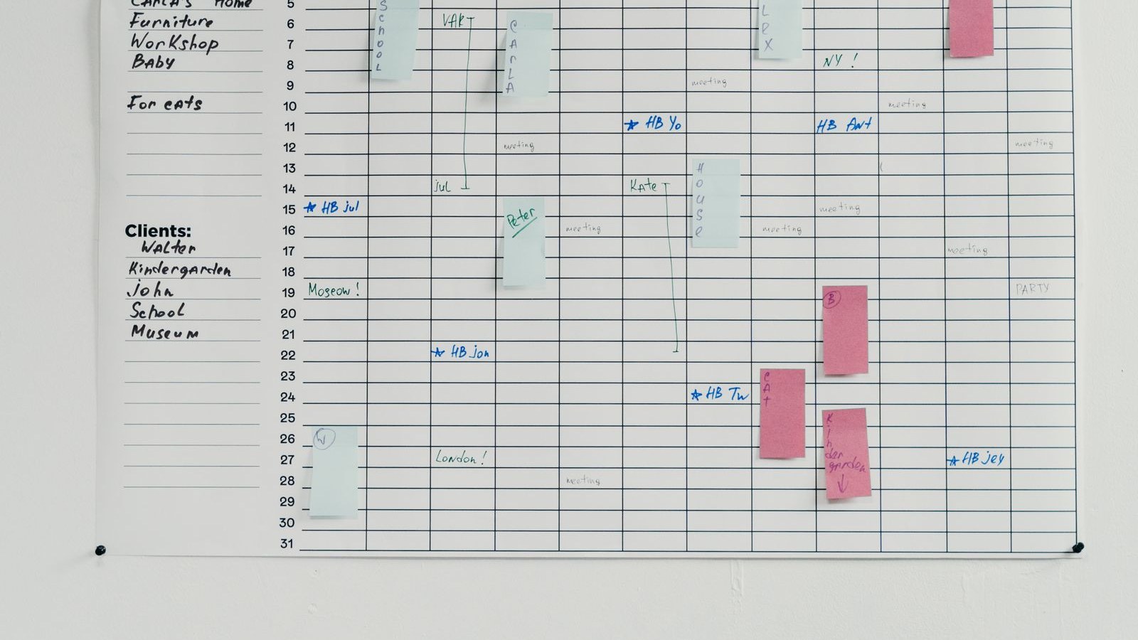 A wall calendar with two days each week marked in pencil